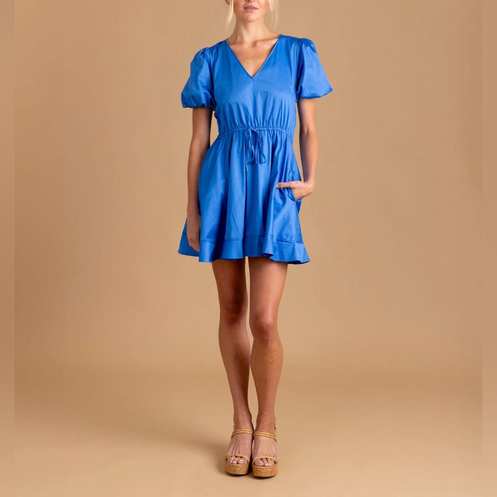 S’edge Bright Blue V-Neck Puff Sleeve Tie-Waist Mini Dress